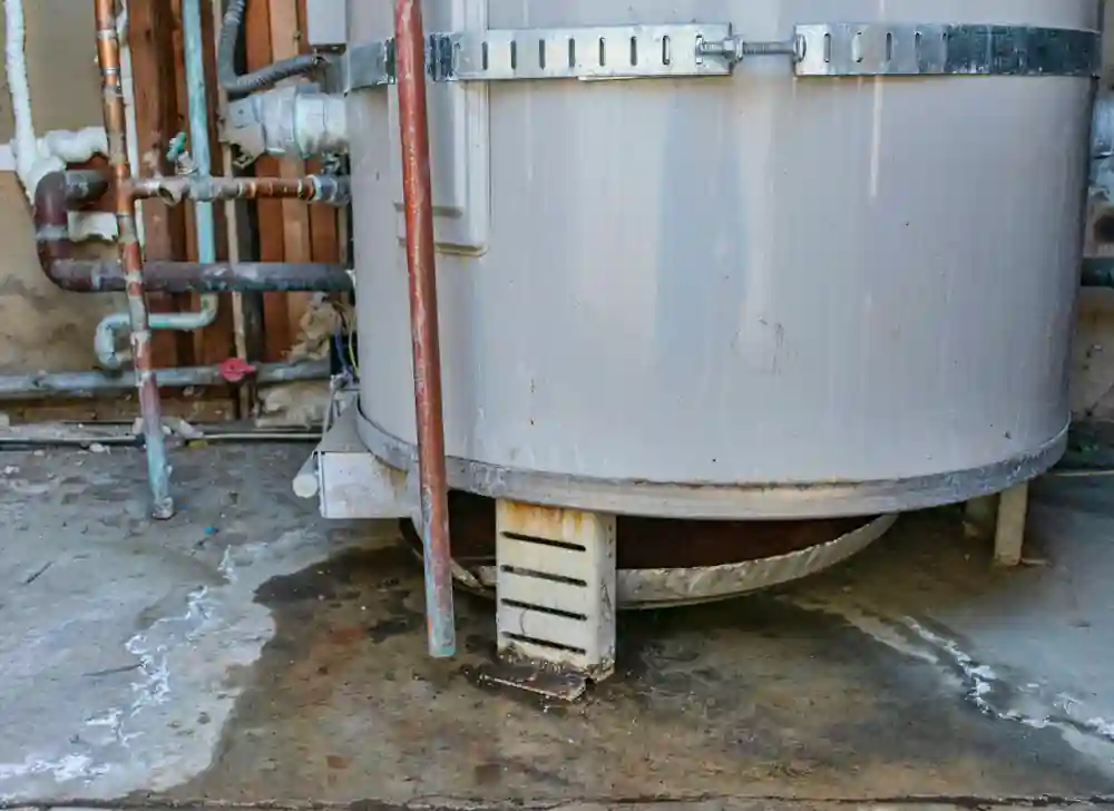 broken water heater leaks water onto floor of garage